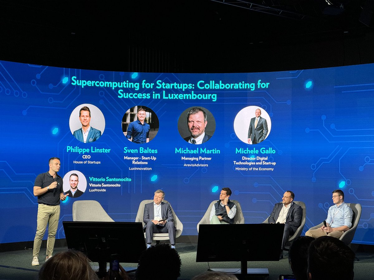 luxprovide's tweet photo. #SupercomputingDay2024 🌟 Philippe Linster, Jonas Mercier, Vittorio Santonocito, and Michele Gallo discussed into how HPC is powering #startup success in #Luxembourg, fueling innovation, collaboration, and growth. 🚀✨ #TechInnovation #HPC #Supercomputing #Nexus2050 https://t.co/vlxRZfEWWg