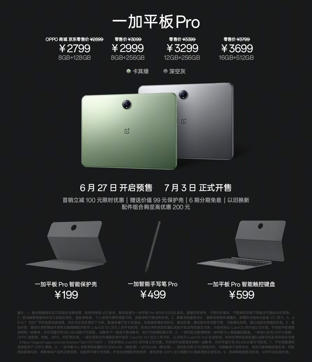 TechHome100's tweet image. OnePlus Tablet Pro launched in China 🇨🇳

🔸12.1" 3K 144Hz LCD Display, 900nits Peak
🔸Snapdragon 8Gen3
🔸13MP SmartSens SC1320CS Rear
🔸8MP SmartSens SC820CS Front
🔸9510mAh🔋+ 67W⚡
🔸LPDDR5X+UFS 4.0

Price 💰 2799¥ ~ 32150₹ (8+128GB)
#OnePlus #OnePlusTabletPro
1/2🧵