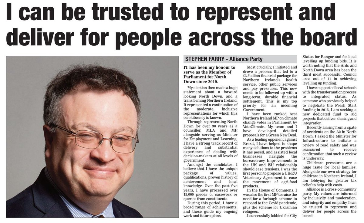 In this week’s Co Down Spectator, @StephenFarryND outlines why as the cross-community, experienced and moderate candidate there, he can be trusted to continue representing people right across the constituency ⤵️