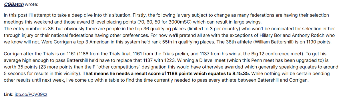 25laps's tweet image. a letsrun poster has done the math on world ranking points Corrigan will need to make the games. TLDR: he essentially needs to run the Olympic Standard (8:15)