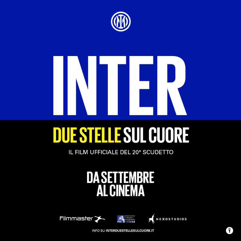 Inter's tweet photo. Le due stelle arrivano al cinema ⭐⭐🎞️

A settembre nelle sale “INTER. DUE STELLE SUL CUORE”, il film-evento sul ventesimo Scudetto 🎬🖤💙

Scopri di più 🍿👇

#ForzaInter #IM2Stars | @Nexo_Digital