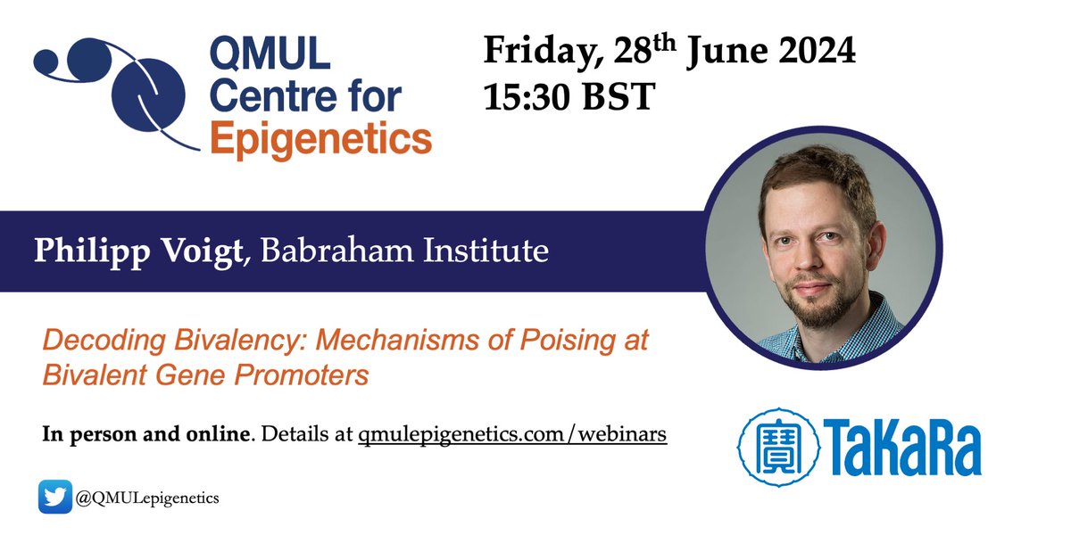 @qmulepigenetics (@qmulepigenetics) on Twitter photo Reminder about tomorrow's <a href="/QMULepigenetics/">@qmulepigenetics</a> seminar by Philipp Voigt (Babraham Institute). Title "Decoding Bivalency: Mechanisms of Poising at Bivalent Gene Promoters" 28th June, 15:30 BST in person at <a href="/blizard_inst/">Blizard Institute</a> or online qmulepigenetics.com/webinars Reminder about tomorrow's <a href="/QMULepigenetics/">@qmulepigenetics</a> seminar by Philipp Voigt (Babraham Institute). Title "Decoding Bivalency: Mechanisms of Poising at Bivalent Gene Promoters" 28th June, 15:30 BST in person at <a href="/blizard_inst/">Blizard Institute</a> or online qmulepigenetics.com/webinars