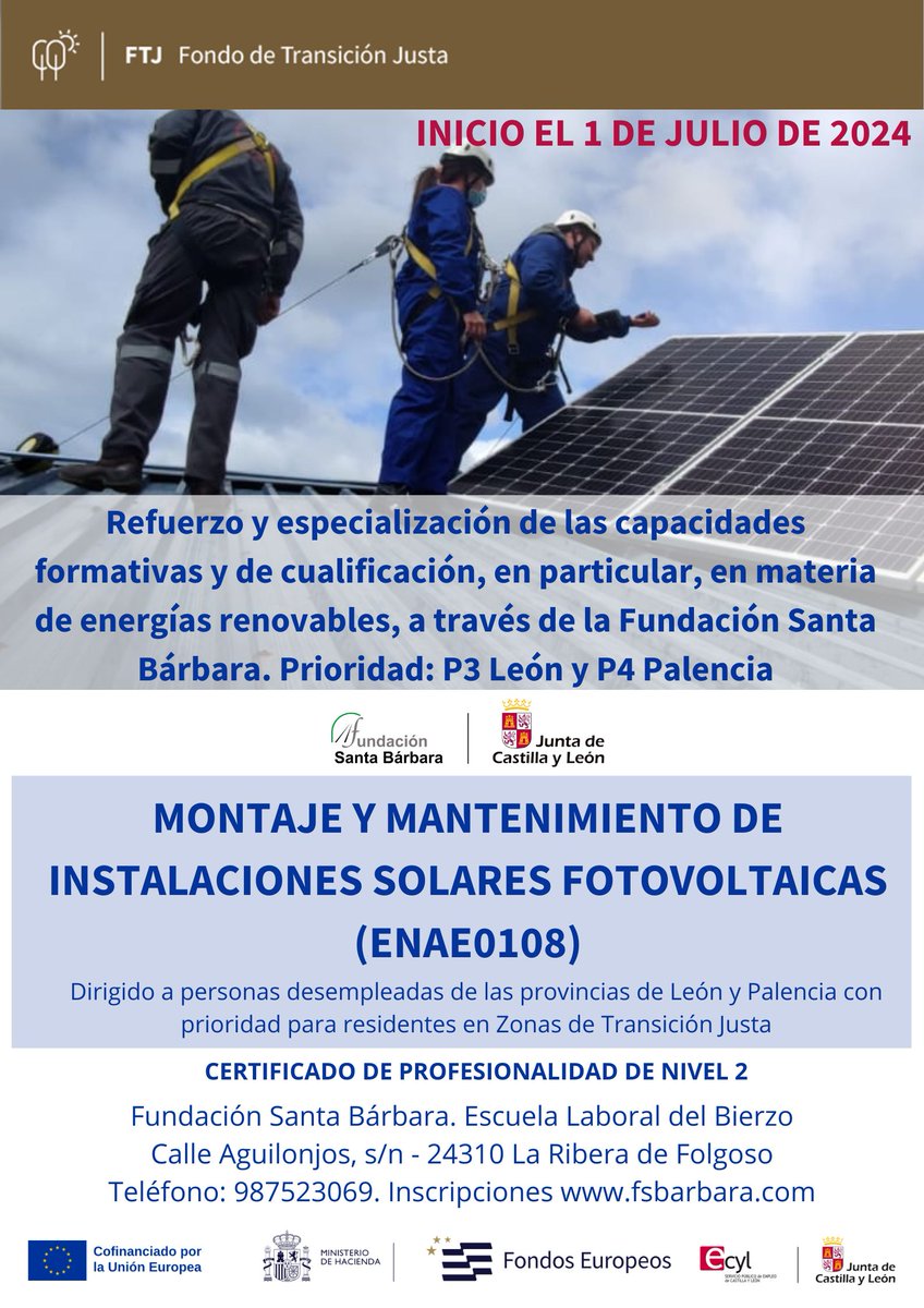 Las energías renovables supondrán importantes oportunidades laborales en nuestro entorno. El lunes comenzamos curso de Montaje y mantenimiento de instalaciones fotovoltaicas. Todavía nos queda alguna plaza. El curso es gratuito y cuenta con certificado profesional.