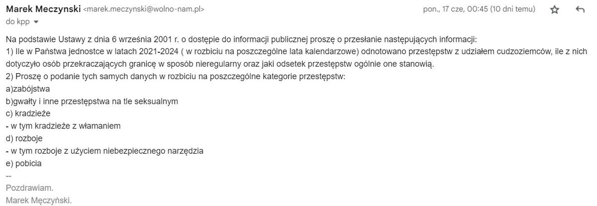 Marek29140089's tweet photo. To jeszcze w sprawie sławnego przystanku autobusowego w Czerlonce i obaw Pani Sołtys o bezpieczeństwo mieszkańców...
Wysłałem do Komendy Powiatowej Policji w Hajnówce prośbę o udzielenie informacji na temat przestępstw, w których podejrzanymi byli cudzoziemcy. Od 2021r w całym powiecie Hajnówka były 3 (słownie TRZY) takie przypadki ( przy czym Policja nie prowadzi statystyk, czy były to osoby przekraczające "zieloną granicę" - równie dobrze mogli to być turyści z Niemiec czy Francji lub uchodźcy z Ukrainy).

To tyle, jeśli chodzi o straszenie "falą bandytyzmu". Pismakom takim jak @TomaszSakiewicz czy inni ze szmatławców w stylu @DoRzeczy_pl, a także brunatnym profilom, takim jak @Sluzby_w_akcji polecam korzystanie z dobrodziejstw Ustawy o dostępie do informacji publicznej, zanim napiszą totalnie niesprawdzone bzdury.