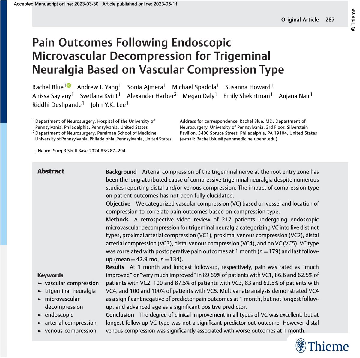 JNLSReports's tweet image. 🧐Is outcome following #MVD for #TrigeminalNeuralgia dependent on the type of vascular compression? 

This cohort of 217 #endoscopic MVDs for TN revealed great outcomes regardless of arterial/venous compression type:

thieme-connect.com/products/ejour…

#JNLSB #neurosurgery #otolaryngology
