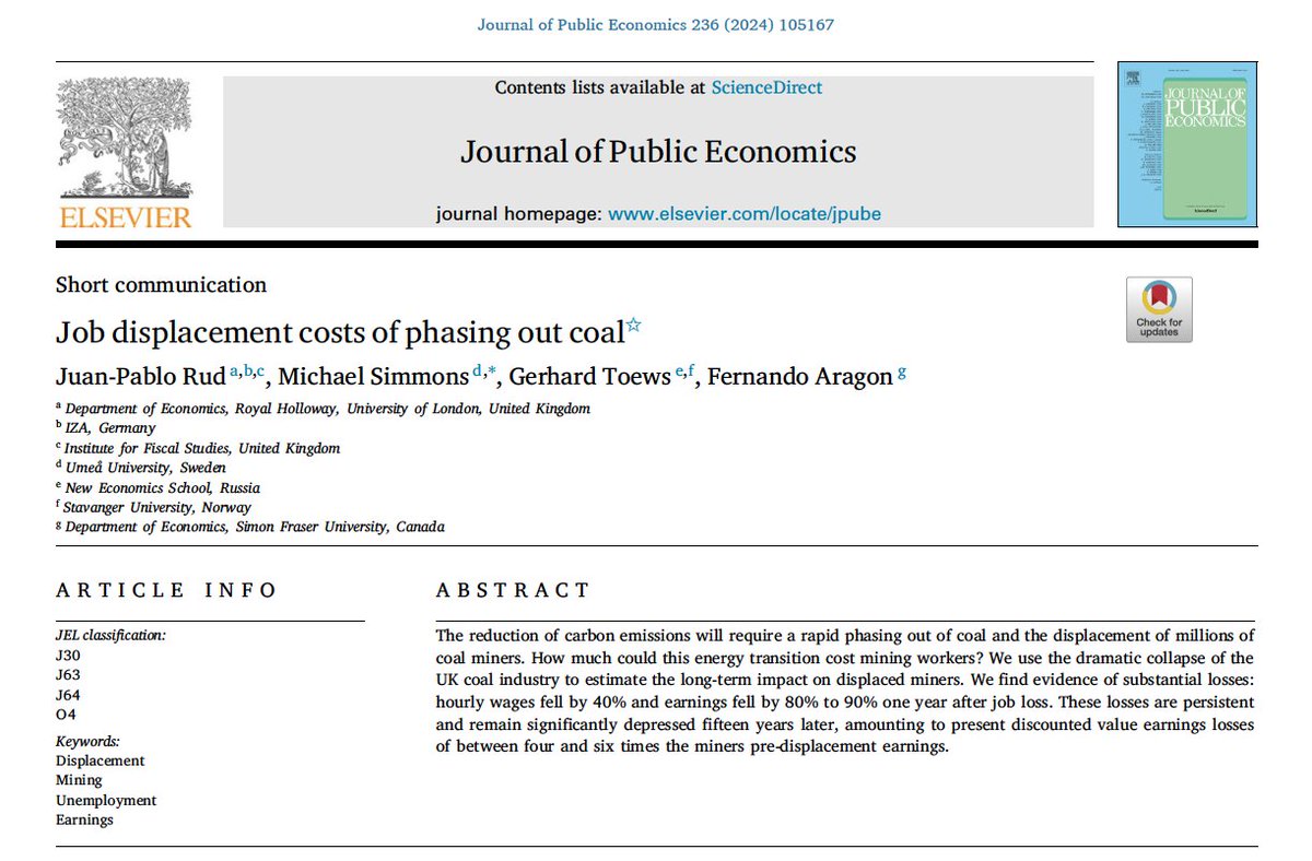 "Job displacement costs of phasing out coal", with <a href="/mikesimmonsecon/">Michael Simmons</a> @GerhardToews  <a href="/fernandomaragon/">Fernando Aragon</a>. We use the dramatic collapse of the UK coal industry to estimate the long-term employment outcomes on displaced miners w/ lessons for the energy transition. Soon <a href="/JPubEcon/">Journal of Public Economics</a> 🧵👇