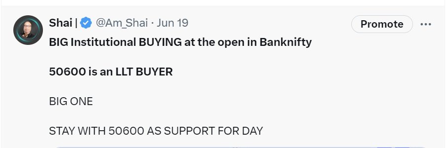 Am_Shai's tweet photo. Action - June 19
"BIG Institutional BUYING at the open in Banknifty. 50600 is an LLT BUYER. BIG ONE. STAY WITH 50600 AS SUPPORT FOR DAY."
Observing significant institutional activity and marking key support levels. #InstitutionalBuying #MarketSupport