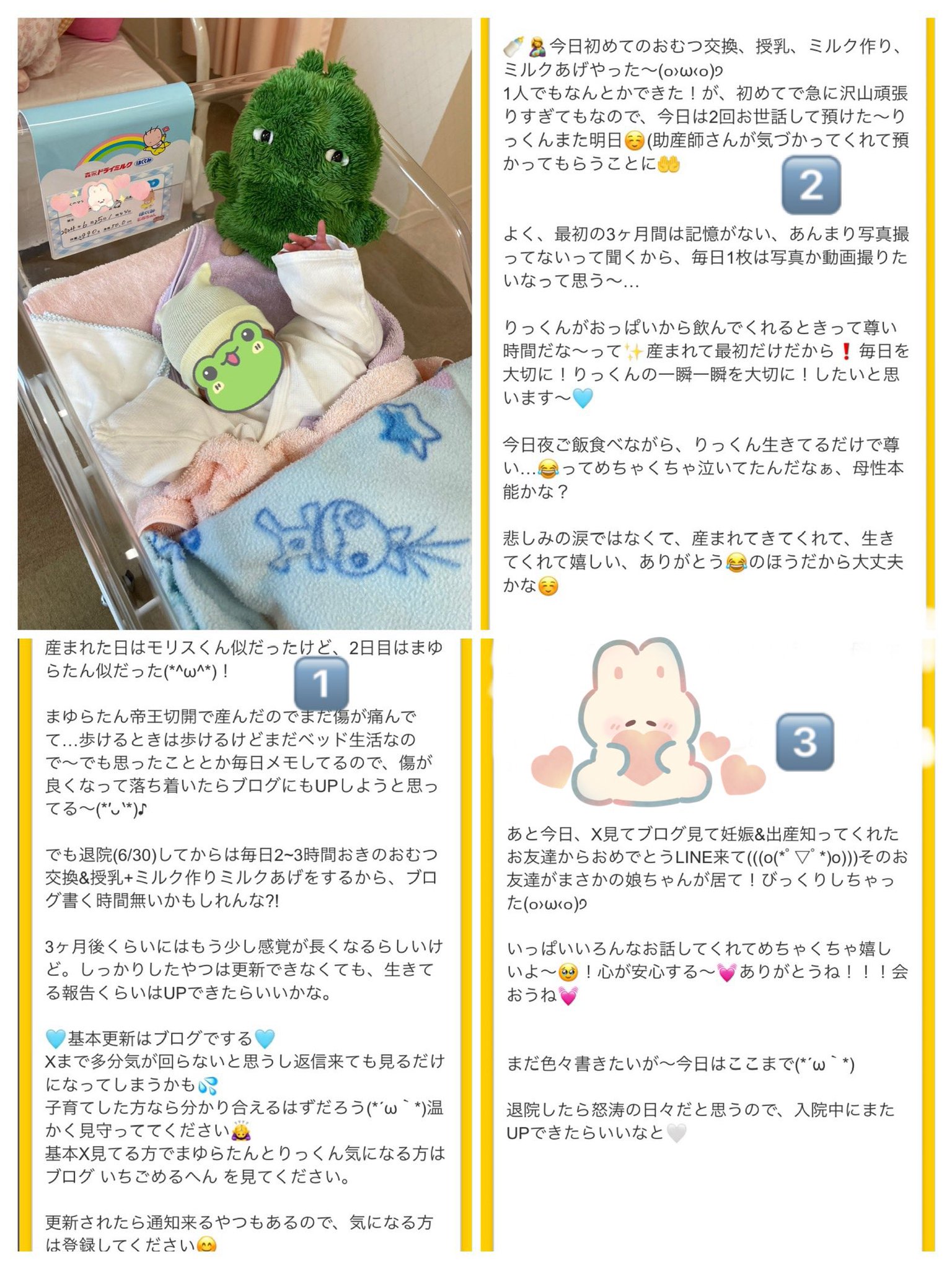 2 pic. 6.25🩵りっくん産まれたよ♪ ブログには出産当日にも更新してましたが改めて👶🏻 無事出産しました⸜(*ˊᗜˋ*)⸝ 母子共に元気です☺️ 今後怒涛の日々だと思うので、基本日常の更新はブログ いちごめるへんからしますのでよろしくお願いします(◍´꒳`) https://t.co/aDwFqdILCl ※画像内のALTもどうぞ https://t.co/ML8NI2WJwJ