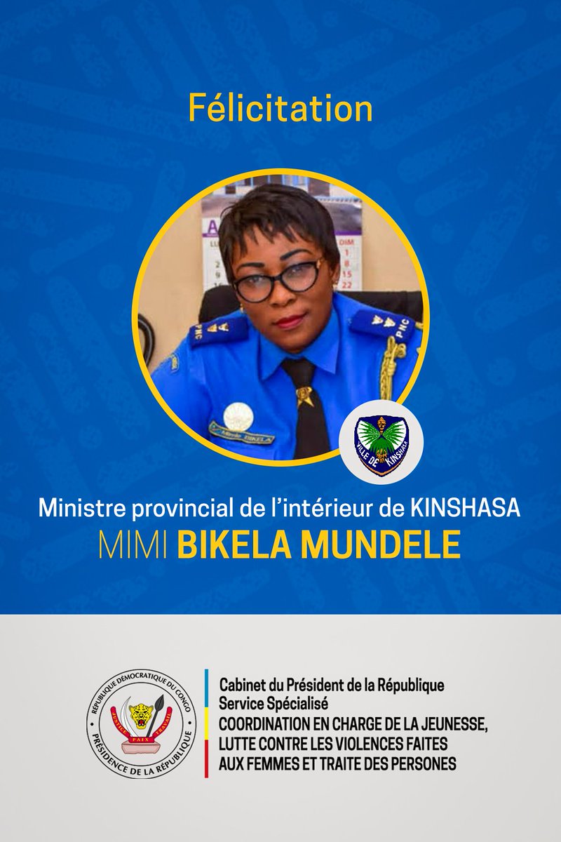 SpecialeYelu's tweet photo. C'est avec joie que je présente mes sincères félicitations au Lieutenant Colonel Mimi BIKELA MUNDELE, pour sa nomination au poste de Ministre provinciale de l'Interieur, Sécurité, Décentralisation et Affaires coutumières, dans l'équipe gouvernementale du https://t.co/mD0yKLMQic