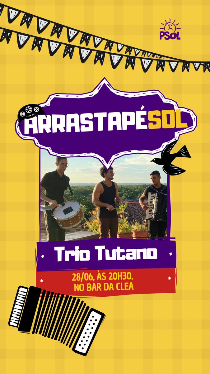 PSOLPB's tweet photo. Ainda nos festejos do mês de junho, amanhã é véspera de São Pedro e dia de ArrastaPéSol. Vai rolar balaio junino, barraca do beijo democrático e muito forró com Trio Tutano e Rapa Cuia. A partir das 20h, no bar da Cléa https://t.co/qEnqQorUjb