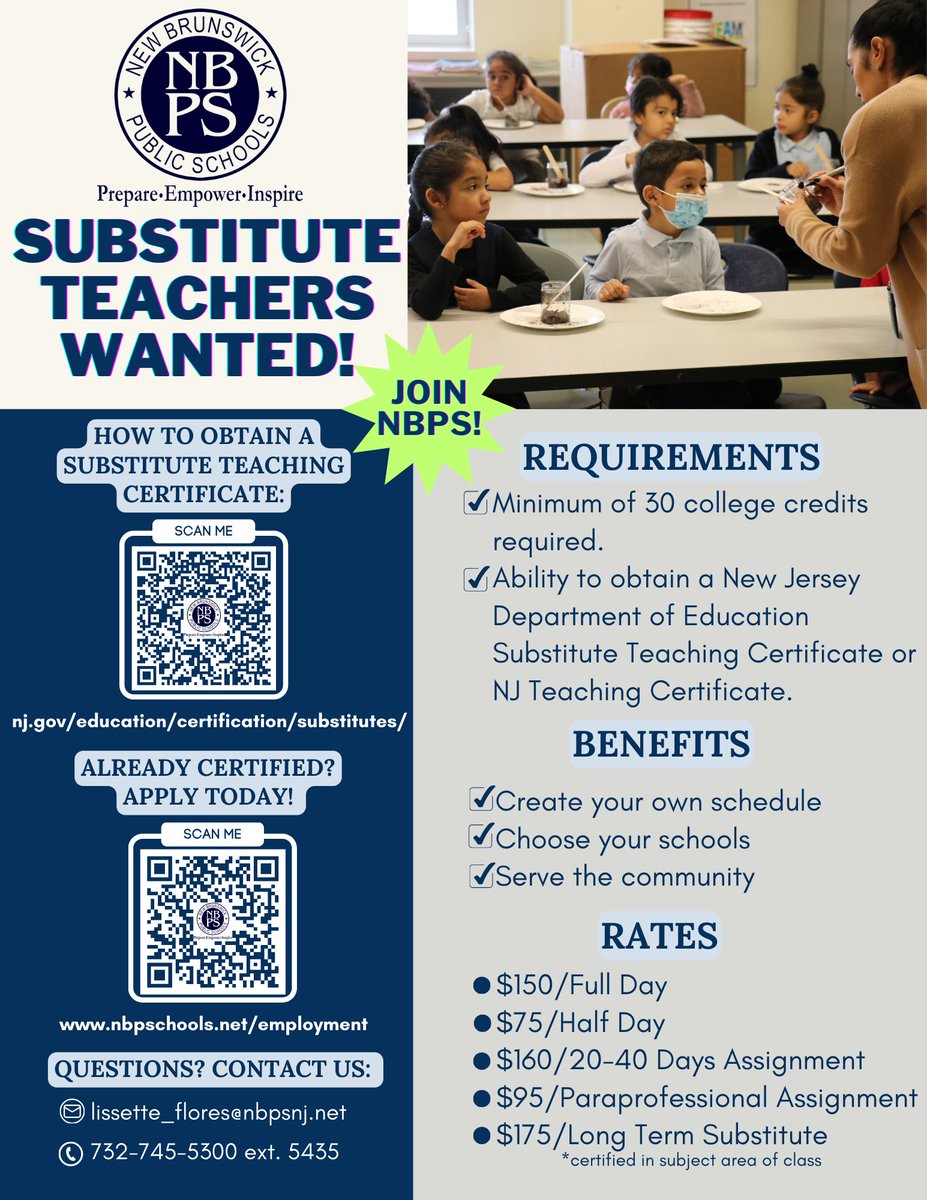 We are hiring Substitute Teachers for the 2024-2025 school year! Are you certified? See below for more details and #JoinNBPS #Allin4NB #NJSubstitutes #NJTeaching