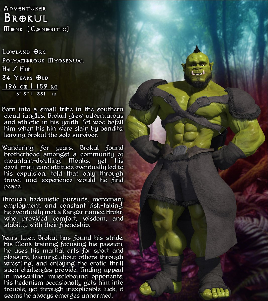 ScretAgentBeast's tweet photo. #Fantasy #Characters — Set #3
Various characters from my stories, shared for Pride Month 2024.
• Brokul, #Orc #Monk
• Master Sergeant Xauna, Human #Battlemaster
• Sky Warden Brûk, Firebreathing #Dragon
• Daru the Chosen, Orc #Warlock
#LGBTQ #Gay https://t.co/cOYDf6TPyg
