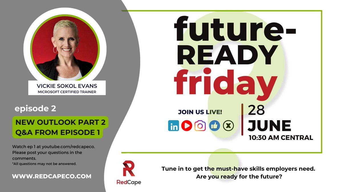 In our Ep 2. on Future-Ready Friday, your guide, Vickie Sokol Evans, will be addressing viewer questions about the New Outlook.

If you missed Ep 1. watch the replay here: youtube.com/live/pVyUbBEqQ…. Post your questions in the comments for Vickie to answer.