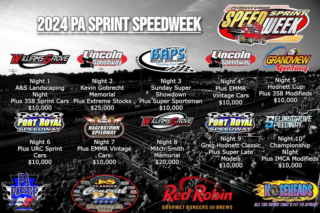 TOMORROW!

PA Speedweek kicks off in just 24 hours! 10 Races, 10 Nights, 7 Tracks, and some of Pennsylvania's best against some of the nation's best!

Williams Grove Speedway just kicks it off! Hope to see everyone at the track!