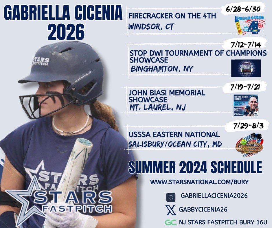 Gabriella Cicenia 2026 (@gabbycicenia26) on Twitter photo About halfway through the season so hereās an updated schedule for the rest of the summer! <a href="/stars_FPNJ/">NJStarsFastpitch</a> About halfway through the season so hereās an updated schedule for the rest of the summer! <a href="/stars_FPNJ/">NJStarsFastpitch</a>