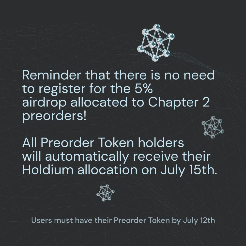 holdiumxyz's tweet photo. Reminder: No registration needed for the @solanamobile Chapter 2 Preorder Token airdrop!

5% of the Holdium supply will be distributed to everyone who holds a Preorder Token before July 12th. 🔥

This will happen separately from the Holdium points, on July 15th. 🗓️ https://t.co/DV1ymWkAed