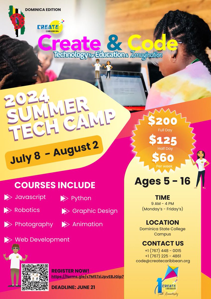 CreateCaribbean's tweet photo. Have you registered for camp? #CreateandCode is approaching! Join us in person at the #Dominica State College Campus from July 8 - Aug 2 for an unforgettable summer. Immerse your kids in tech, innovation, learning & fun!
Don’t miss out - Secure your spot now! #Createcaribbean https://t.co/6SebhvnIMT