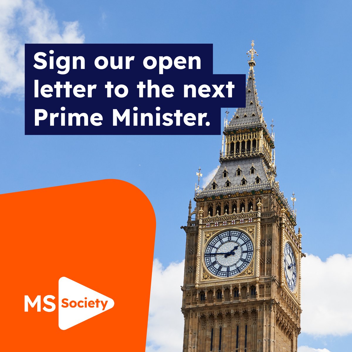 It's 1 week until the #GeneralElection we need to send a clear message to the party leaders.

The next Prime Minister, whoever it is, has the power to transform the lives of people with MS.

📢 Sign and share our open letter to the next Prime Minister!  mssoc.uk/4duE6il