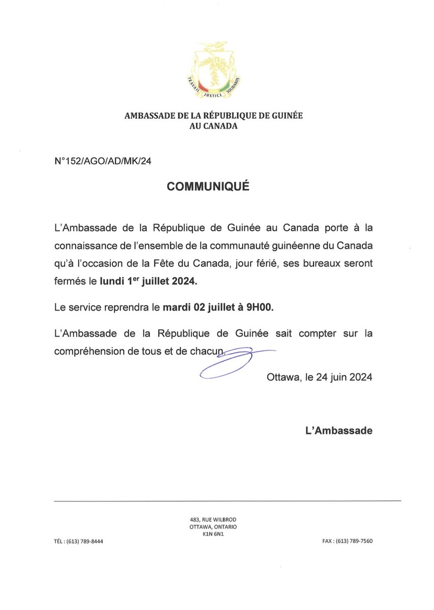 📌 [Communiqué N°152-2024] - Fermeture des bureaux - Fête du Canada. 
ca.ambaguinee.org/?p=65378