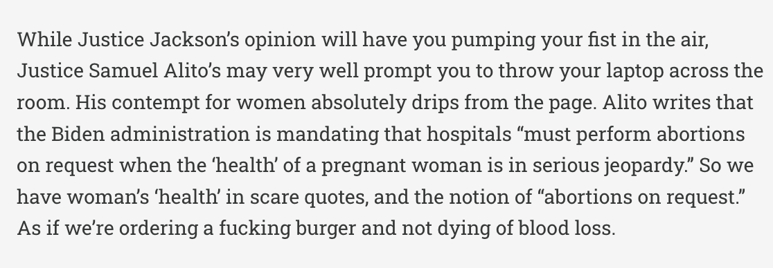 JessicaValenti's tweet photo. My rundown of the accidentally-leaked EMTALA ruling is up at Abortion, Every Day (link in bio) https://t.co/h3IjhTCw2U