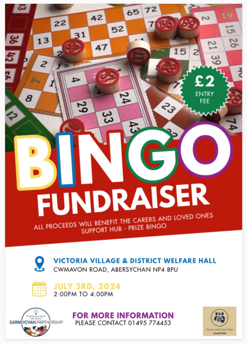 HOUSE!!

PRIZE BINGO!  £2 ENTRY FEE!

If you enjoy a game of bingo, and would like a little afternoon entertainment then why not pop along to Victoria Village Hall - Abersychan - Wednesday 3rd July 2pm - 4pm.
All proceeds will benefit the carers and loved ones support hub.