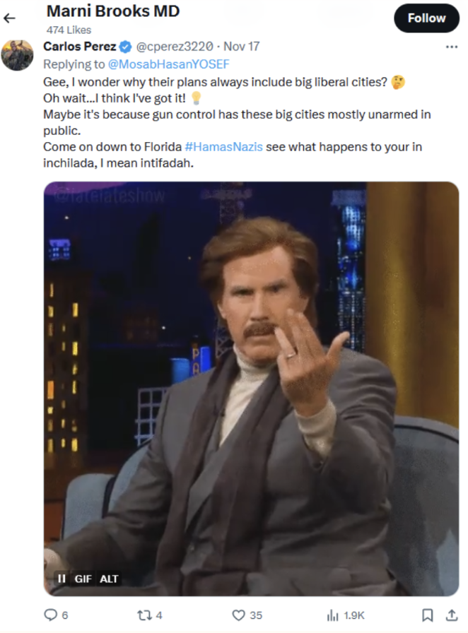 CoHaOnline's tweet photo. What ✨naturally✨comes after liking Islamophobic tweets? Liking threatening violence and defamation of course! 

Dr. Marni Brooks (CPSO#73837) a family physician @NYGH_News has both liked a post threatening gun violence against peaceful Pro-Palestinian protestors calling them "Hamas Nazis" and equating them to the "KKK calling for mass murder of 'Blacks'".

📩Haven't sent an email yet? Use our templates:
Mobile Link: https://t.co/GQMR3rbYsu
Desktop Link: https://t.co/nHGaxuxUpR