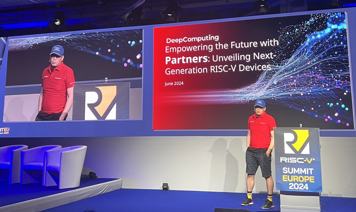 DeepComputingio's tweet image. Our CEO Yuning just unveiled our exciting new products with our partners at #RISCVSummitEurope. Thanks to Nathan and Gordan for joining the launch. And Nirav @cmonkey sent greetings to RISC-V via video! #RISCV #deepcomputing #ubuntu #framework