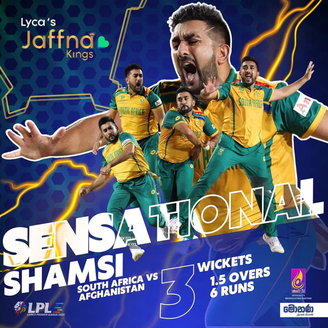 Sensational Shamsi shines leads South Africa to the T20 World Cup final with a mesmerizing 3-Wicket Haul for Just 6 Runs against Afghanistan!💥. 

#ShamsiMagic #JaffnaKings #YaalKollo #LPL2024 #adidaamacha #LankaPremierLeague #T20WC  #LPL