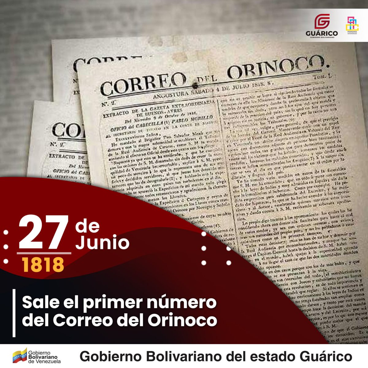 #Efemérides🗓 Un día como hoy 27 de Junio pero del año 1818, En Caracas, se publica el primer número del periódico "Correo del Orinoco", fundado por Simón Bolívar. convirtiéndose en un arma fundamental en la lucha por la independencia venezolana.

#Guárico
#NicoCuadraConmigo