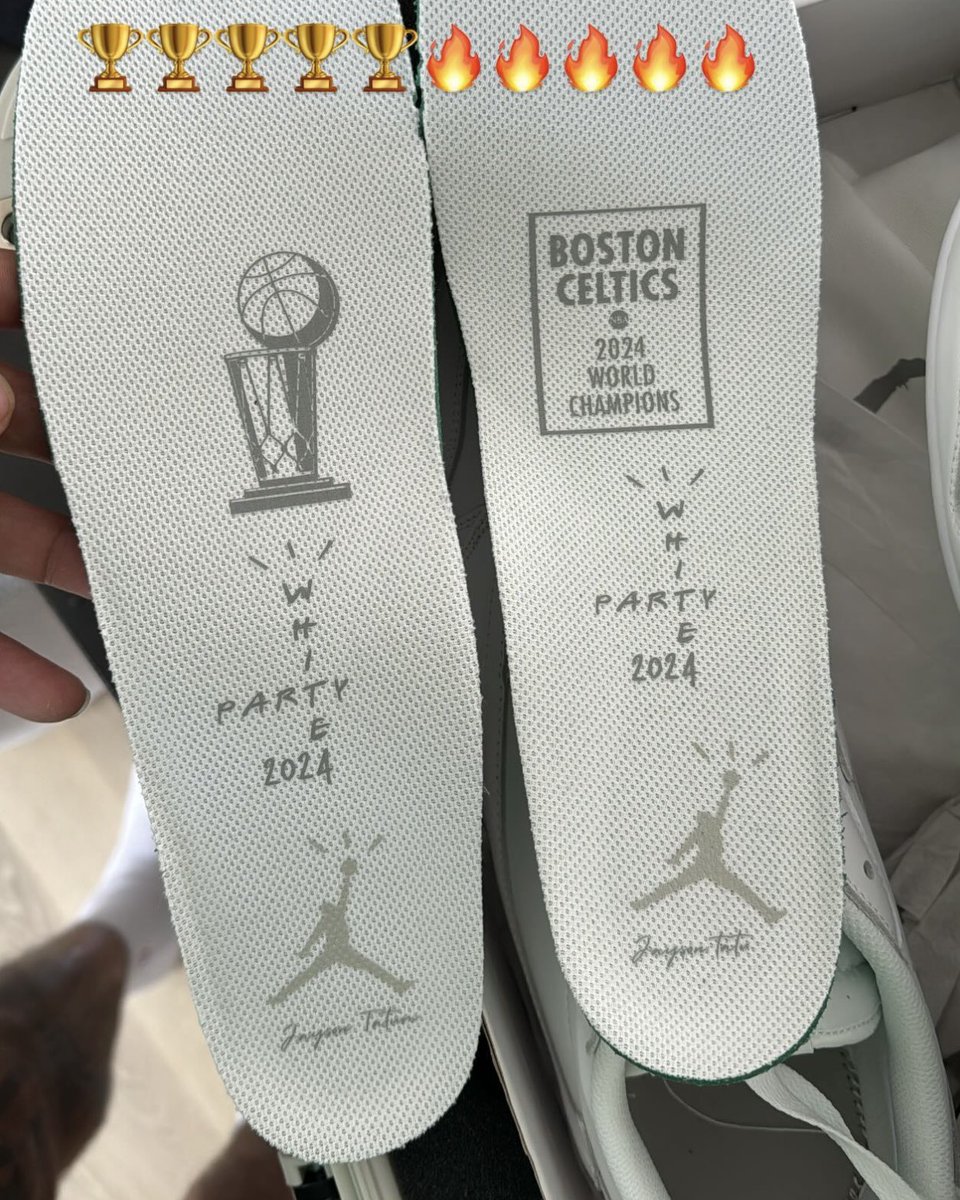 nicekicks's tweet photo. Jayson Tatum’s “White Party” Travis Scott x Air Jordan 1s came with special insoles celebrating the @celtics NBA Championship 🏆🔥 https://t.co/ac5gUjuRPc