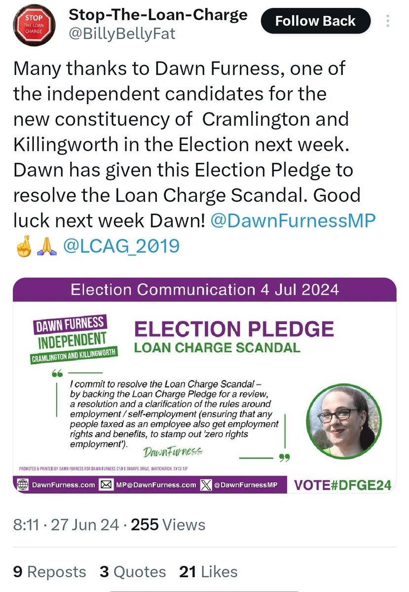 LCAG_2019's tweet image. Thank you @DawnFurnessMP for signing up to #LoanChargePledge, victims of #LoanChargeScandal appreciate support.

Imperative that injustice resolved before more avoidable tragedies. Time for #FairResolution.

@Keir_Starmer @RishiSunak @EdwardJDavey @Nigel_Farage @StephenFlynnSNP