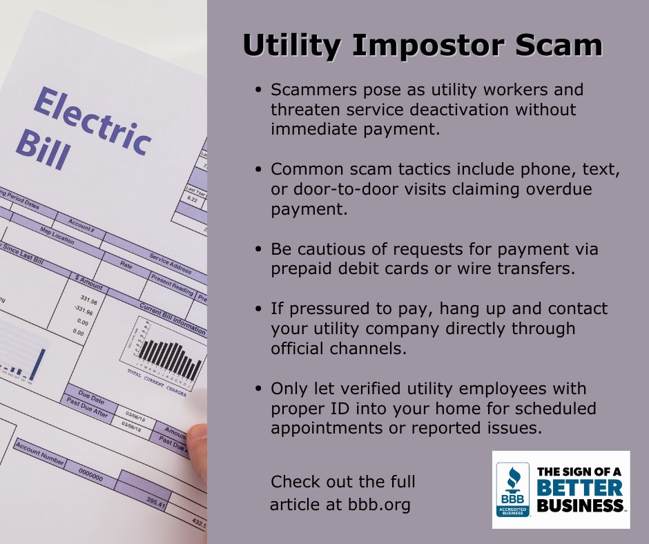 BBBofNorfolk's tweet image. 🚨 Alert! Utility scam impersonators are knocking! 🔍 Stay one step ahead with insights from the BBB. Knowledge is power—let’s use it to #ProtectYourself and our #TrustedCommunity. #BBB #ScamAlert #EmpoweredConsumers 🛡️
bbb.pulse.ly/w4yvwbc8ot