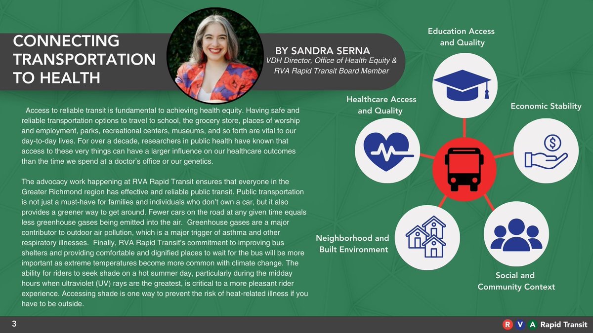 RVARapidTransit's tweet image. VA Dept. of Health, Office of Health Equity Director Sandra Serna collaborated with us on our 2024 State of Transit Report to highlight  the links between public health and public transit. 

&quot;Access to reliable transit is fundamental to achieving health equity.&quot;