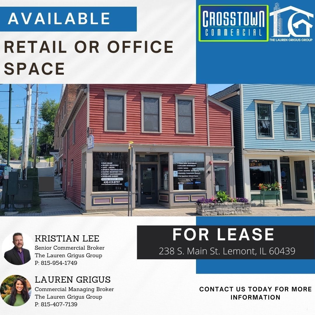 🏢NEW Retail Space Available 🏢
Located in downtown Lemont on a bustling corner🤩 

✔️~1200 SF of space
✔️Spacious, open layout
✔️2 private offices/rooms
✔️Located on corner of Main St. &amp; Lemont St. 

Contact me for more information 815.954.1749