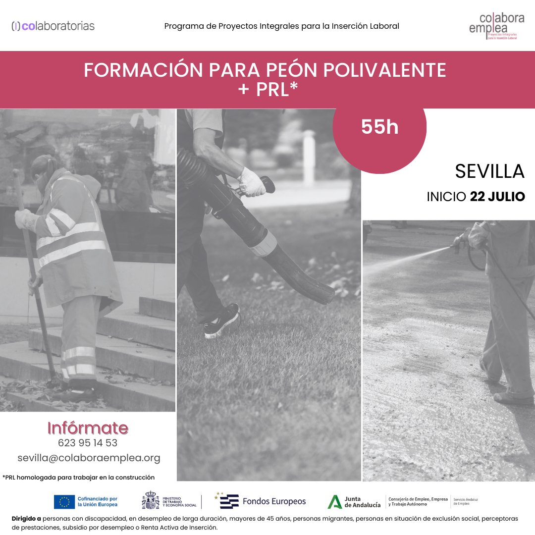 Colaboratorias's tweet photo. 📢 ¿Estás buscando una oportunidad para mejorar tus habilidades y aumentar tus posibilidades de #empleo? ¿Tienes disponibilidad?
🔧Curso de Peón Polivalente 🔧
📅 22 de julio
📍 #Sevilla
#insercionlaboral #formación #ColaboraEmplea https://t.co/I5zKwMzZoc