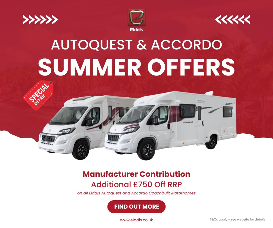 Take an extra £750 off the screen price!

This offer applies to 2024  Elddis Autoquest, Accordo and Retailer Special edition coachbuilt motorhomes and is on top of any current retailer specials or discounts.

Find out more:
elddis.co.uk/caravan-motorh…

T&amp;Cs apply.

#elddis #motorhome