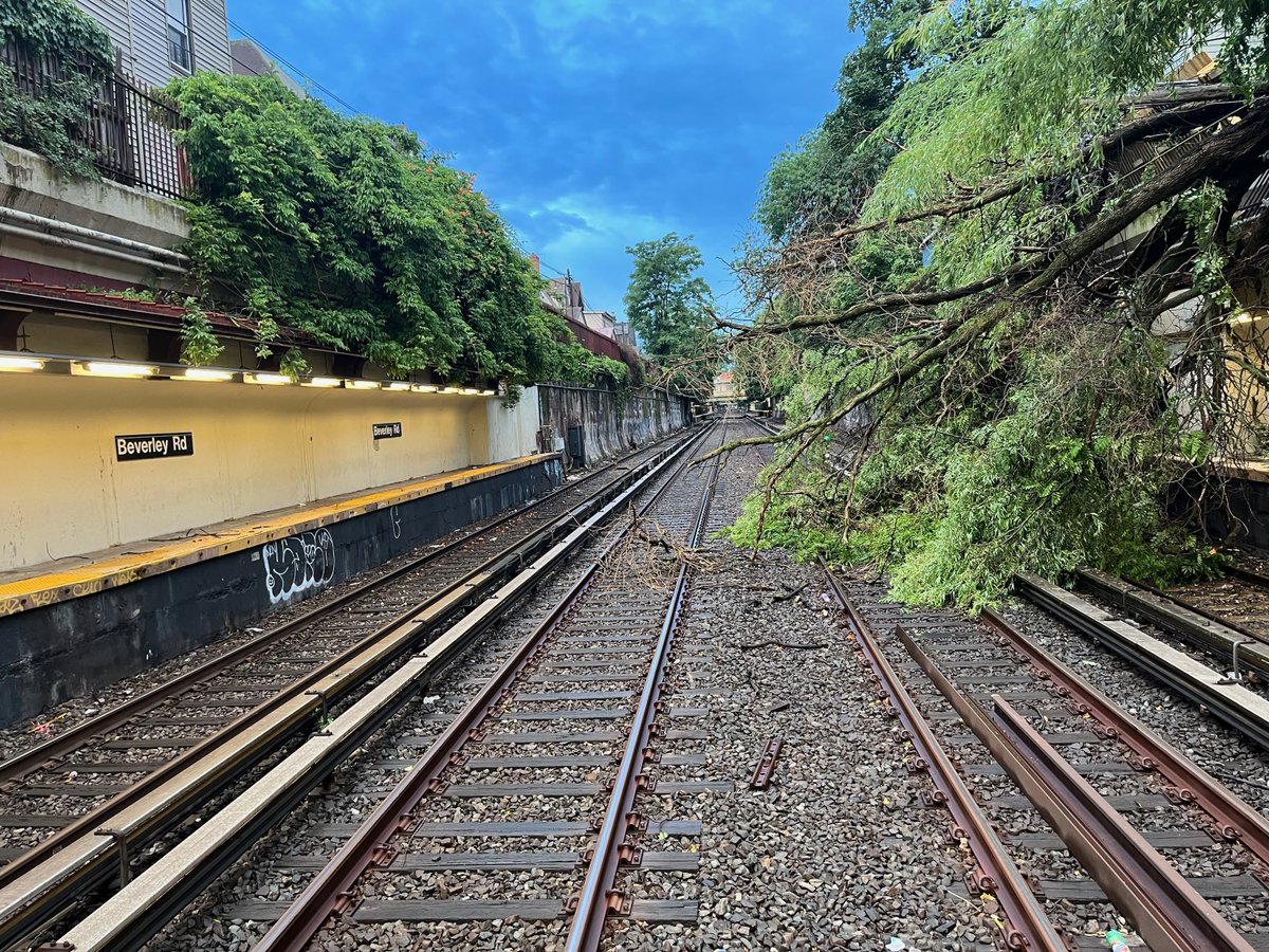 Our crews are still working to remove a tree from the tracks near Beverley Rd on the B/Q lines. This process is taking time because of the tree's size.

Because of this, there is:
-No southbound Q service in most of Brooklyn
-No B train service *at all*.

Details in the thread 👇