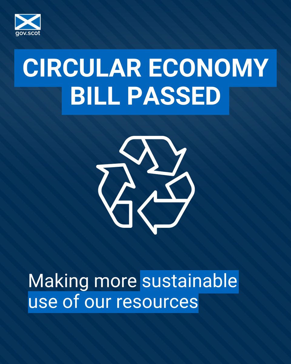 The Circular Economy Bill has been passed.   
 
It will allow us to:   
 
🔵 increase reuse and recycling rates  
🔵 improve waste and recycling services   
🔵 place a minimum charge on single-use items like disposable cups
 
ℹ️ gov.scot/news/circular-…