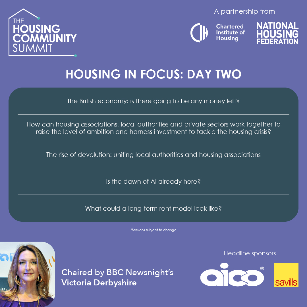 Housing in Focus:
A ticketed event featuring top political speakers and housing leaders focused on business strategy and social purpose.

Join us at the #HousingCommunitySummit for debates, case studies, roundtables, and more.

View agenda - ow.ly/9xsA50SqMYe
