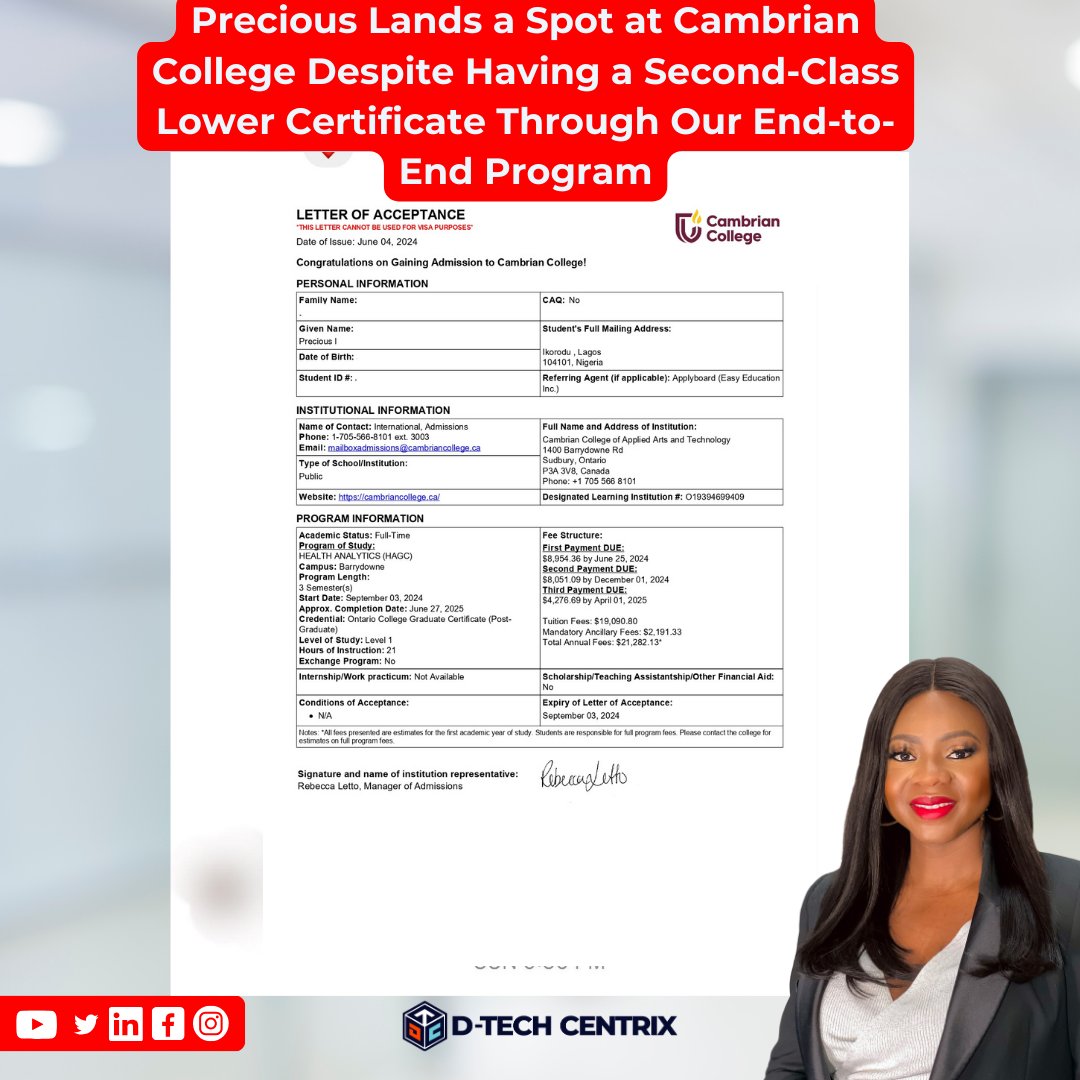 DrOlubamiji's tweet image. 🎉 Congrats to Precious, a dedicated pharmacist, data analyst, &amp;amp; project manager, on joining the Health Analytics Grad Cert program at Cambrian College through our End-to-End program. Ready for your academic journey? DM us!

#EndToEndSupport #StudyAbroad #StudyinCanada