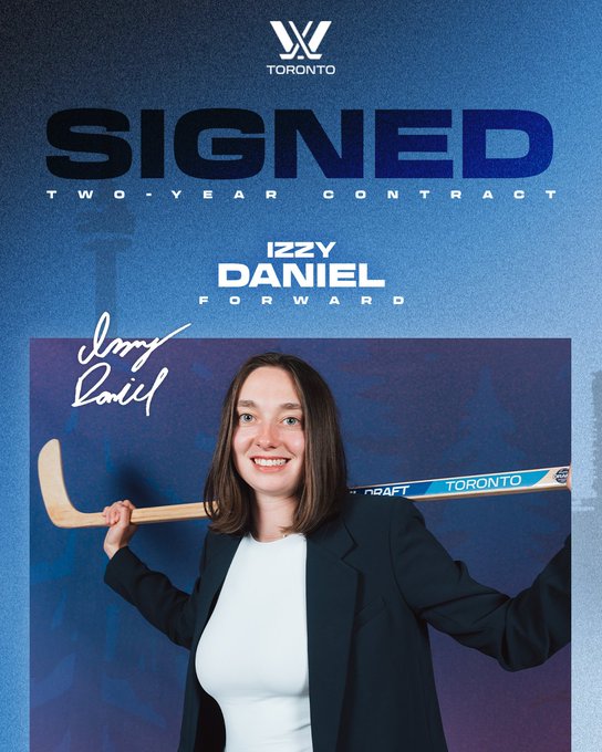 A graphic to communicate Izzy Daniel’s Free Agency signing with PWHL Toronto. 

The top half of the graphic has the PWHL Toronto logo and text that reads “Signed. Two-year contract. Izzy Daniel, Forward.”

The bottom half of the graphic has a photo of Izzy Daniel posing with her draft stick and her signature in white.

Everything is on a light blue background with a silhouette of the Toronto skyline.