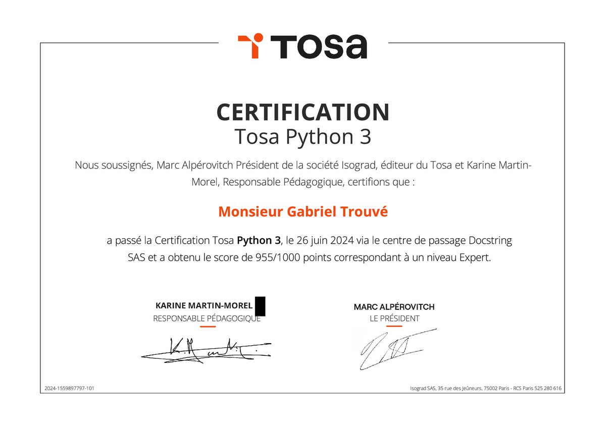 GabrielTrouve's tweet image. J&apos;ai passé le #TOSA #python avec @DocstringFr de @ThibaultHoudon...

J&apos;ai obtenu 955 /1000 !

Le travail paye ! 😁😁😁😁