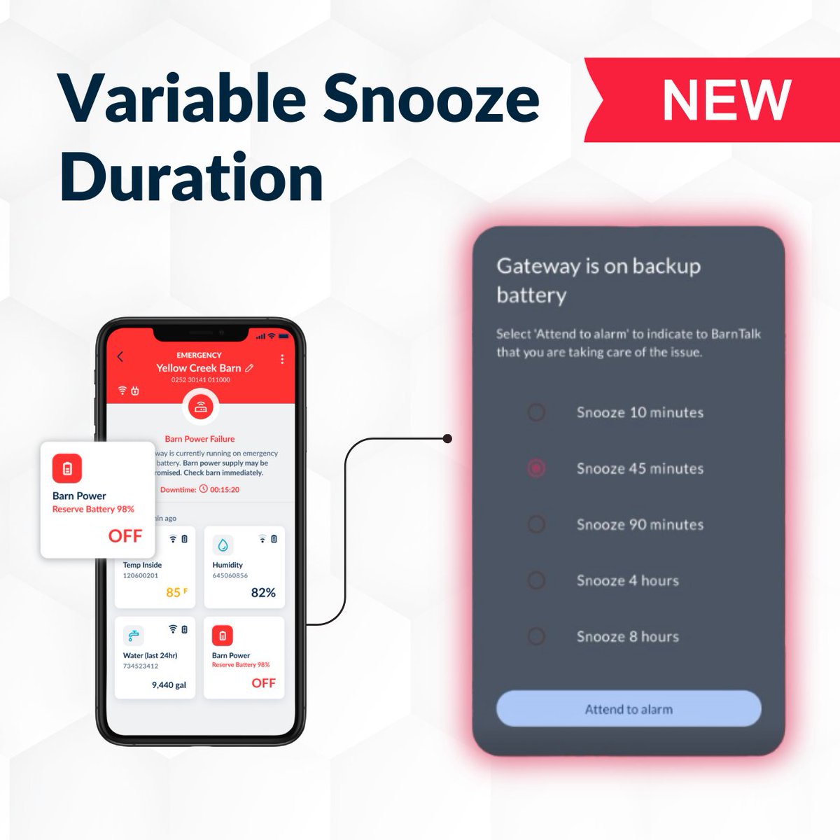 Introducing Variable Snooze Duration! Available with the latest version of the BarnTalk app, choose from multiple snooze options to help you decide the urgency of each alarm.📲
