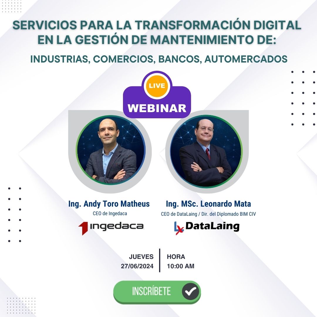 Webinar: Servicios de Transformación digital en la Gestión del Mantenimiento de Industrias, Comercios, Bancos y Automercados 👉Ing. MSc Andy Toro, CEO <a href="/ingedaca/">Ingedaca</a>  📷Ing. MSc Leonardo Mata, CEO de <a href="/datalaing/">#HablemosBIM - BIM Ve Community</a>   Youtube: youtube.com/watch?v=pn20mg…