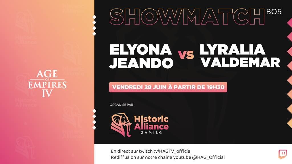 Demain 19h30, on vous propose un 2v2 ! 
Au programme, <a href="/Elyona_AoE/">Elyona</a>  &amp; Jeando affronteront <a href="/Lyralia_/">Lyralia</a>  &amp; Valdemar !

Et grâce à vos généreux dons, on est très heureux de vous annoncer qu'un cashprize de 50€ a été mis en place 😁

Venez nombreux !