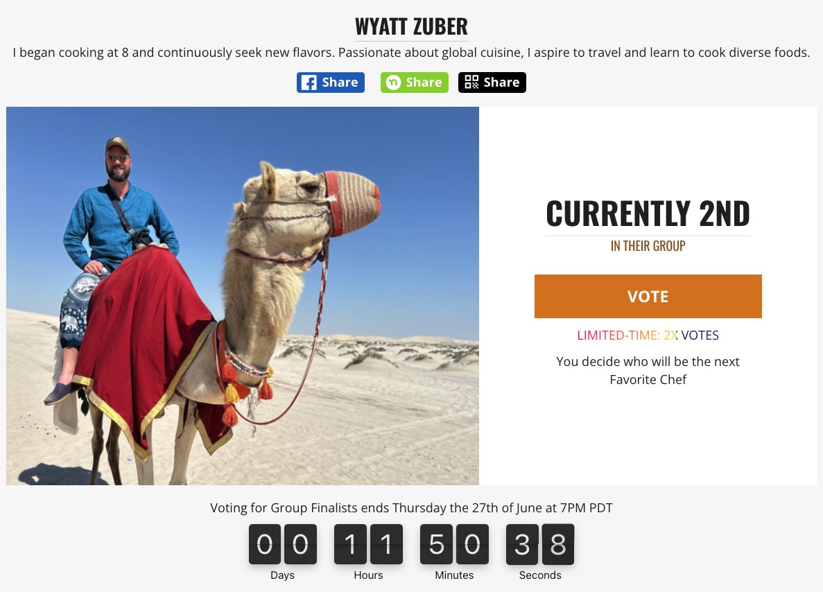 RealWyattZuber's tweet image. Exciting news! I&apos;m in a cooking competition and currently in 2nd place after 4 rounds. Only 11 hours left to vote! I need to be in 1st place to reach the quarter-finals. Vote before 9:59 pm EDT via the link below. Thank you for your support! #CookingCompetition #VoteNow #favchef…