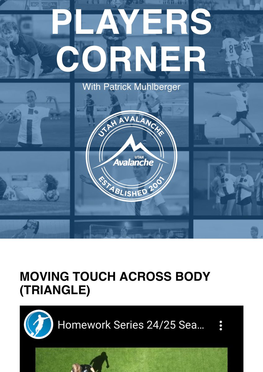 AvalancheSoccer's tweet photo. Another training video has been added to our Players Corner. Avalanche coach and trainer, Paddy Muhlberger, has created these videos for our players to improve their skills and train on their own. Check it out here: https://t.co/Owj5xYH3ke
#utahavalanche #homework #playerscorner https://t.co/yEeNJ07zpI