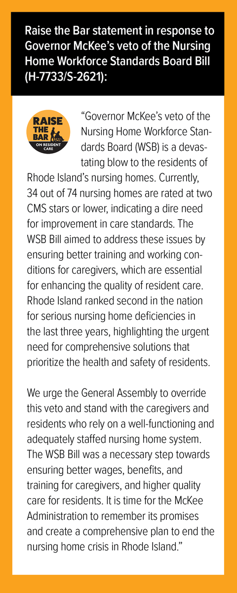 RaisetheBarRI's tweet photo. Last night, Governor McKee vetoed the Nursing Home #WorkforceStandardsBoard Bill, offering no alternative plan to solve our nursing home crisis. Read our full statement below: https://t.co/2WMuMYH72T. https://t.co/cs6AtW9KJ4