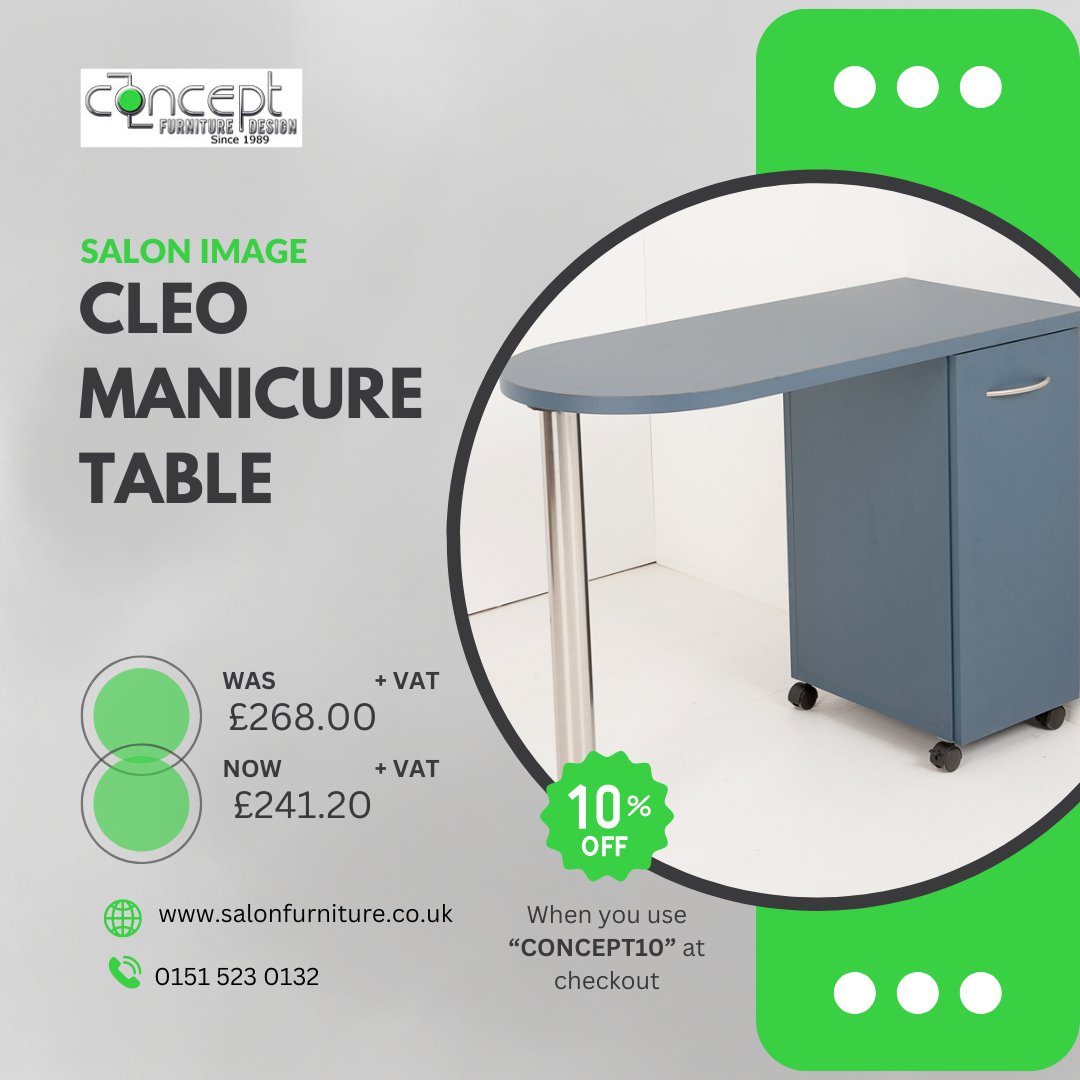The Cleo manicure table is made in the UK in choice of finishes and is both stylish and practical in equal measure. Supplied assembled and checked prior to delivery. 

SHOP: salonfurniture.co.uk/cleo-manicure-…

#manicuretable #salonfurniture #conceptsalon