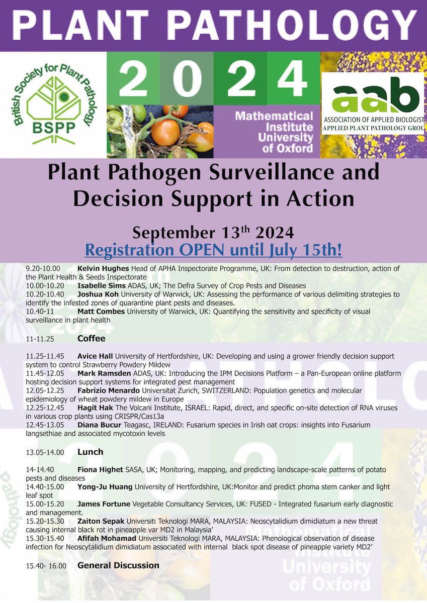 AAB @aabiologists.bsky.social (@aabiologists) on Twitter photo 'Plant Pathogen Surveillance and Decision Support in Action': a <a href="/BS_PP/">British Society for Plant Pathology</a> and <a href="/AABiologists/">AAB @aabiologists.bsky.social</a> workshop
📅 September 13th 2024 at University of Oxford
Schedule set and registration open -> bspp.org.uk/conferences/pp… 'Plant Pathogen Surveillance and Decision Support in Action': a <a href="/BS_PP/">British Society for Plant Pathology</a> and <a href="/AABiologists/">AAB @aabiologists.bsky.social</a> workshop
📅 September 13th 2024 at University of Oxford
Schedule set and registration open -> bspp.org.uk/conferences/pp…